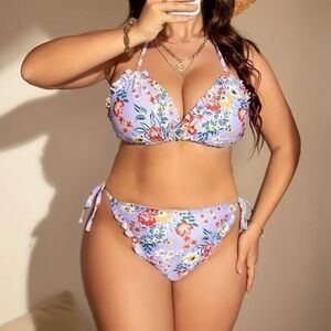 Plus Size Floral Frill Trim Halter Side Tie Bikini Set